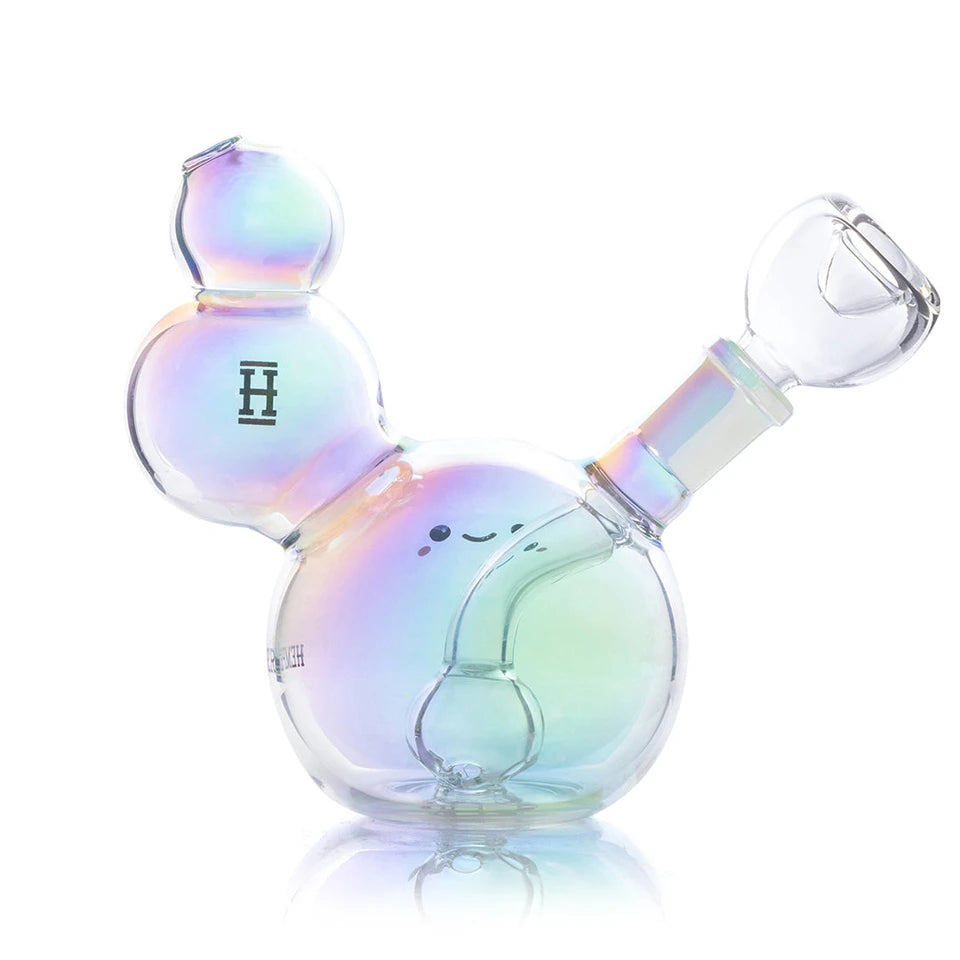 Opposite angled view of Hemper Bubble bong with its clear bowl, curved internal stem and iridescent neck