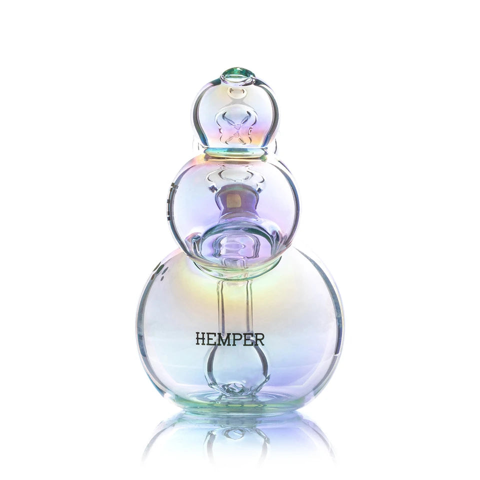 Rear view of Hemper Bubble glass bong showing stacked round shapes, the mouthpiece opening and Hemper logo