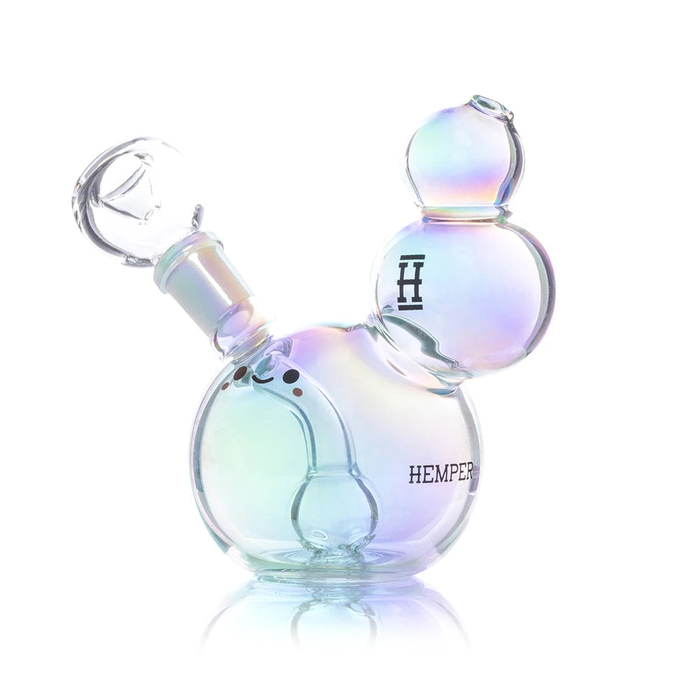 Three-quarter view of Hemper Bubble bong with a smiling face, clear bowl and two-bubble iridescent neck