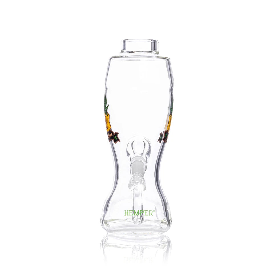 Rear view of Hemper Das Boot clear glass bong showing green Hemper lettering and the diagonal internal downstem