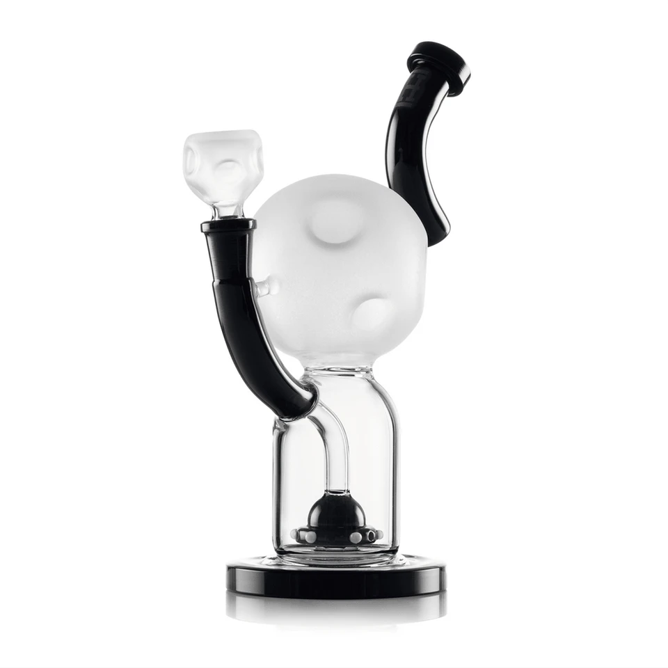 Angled view of Hemper Moon XL bong with a crater-textured bowl, frosted moon chamber and curved black accents