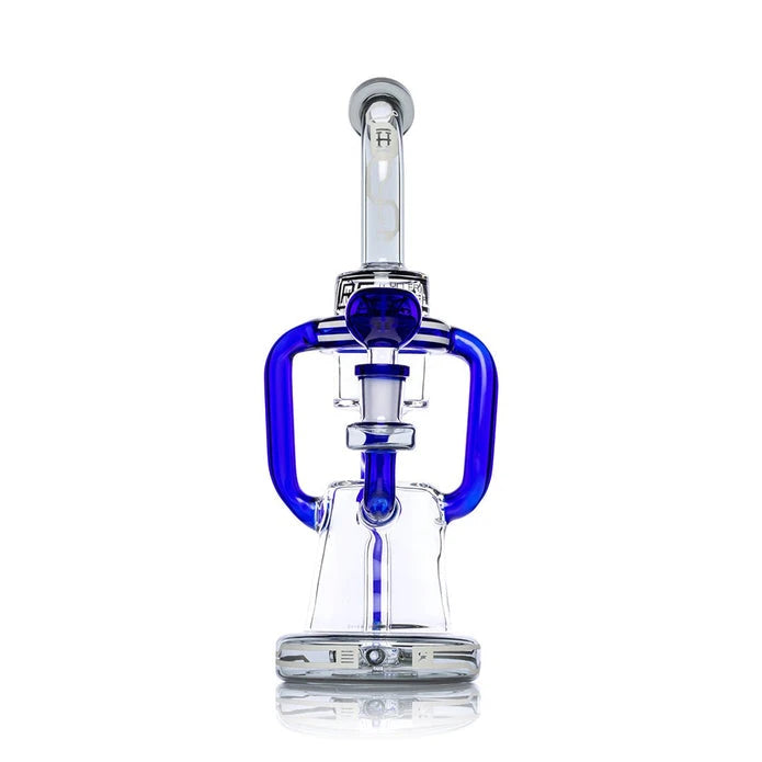 Front view of blue Hemper Cyberpunk XL recycler bong showing looping side tubes, matching bowl and round base