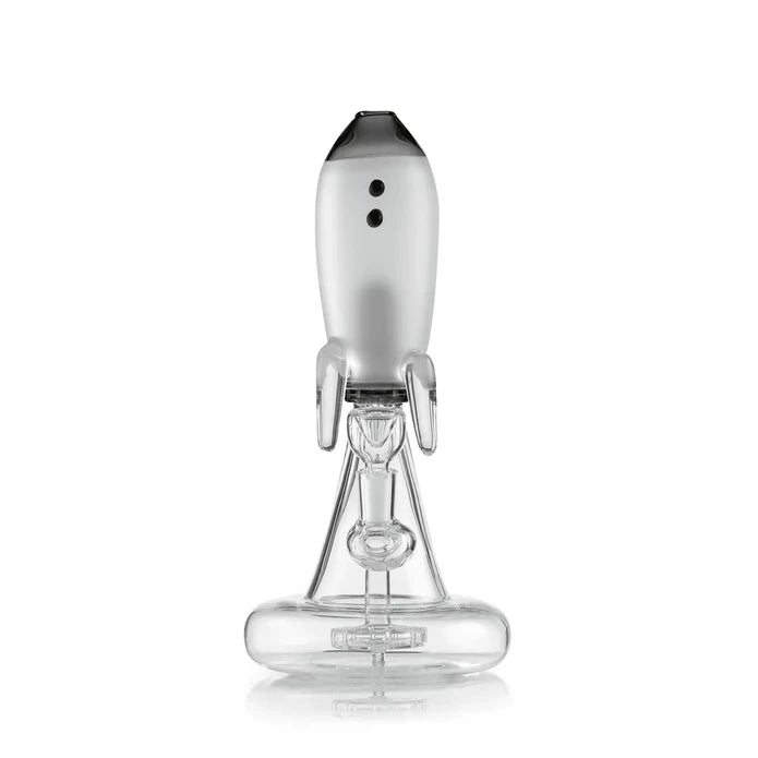 Front view of black Hemper Blast Off Rocket XL glass bong with two portholes and a clear bowl below the rocket