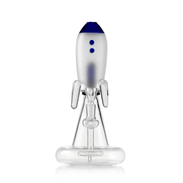 Front view of blue Hemper Blast Off Rocket XL bong with a frosted rocket chamber, clear fins and glass bowl