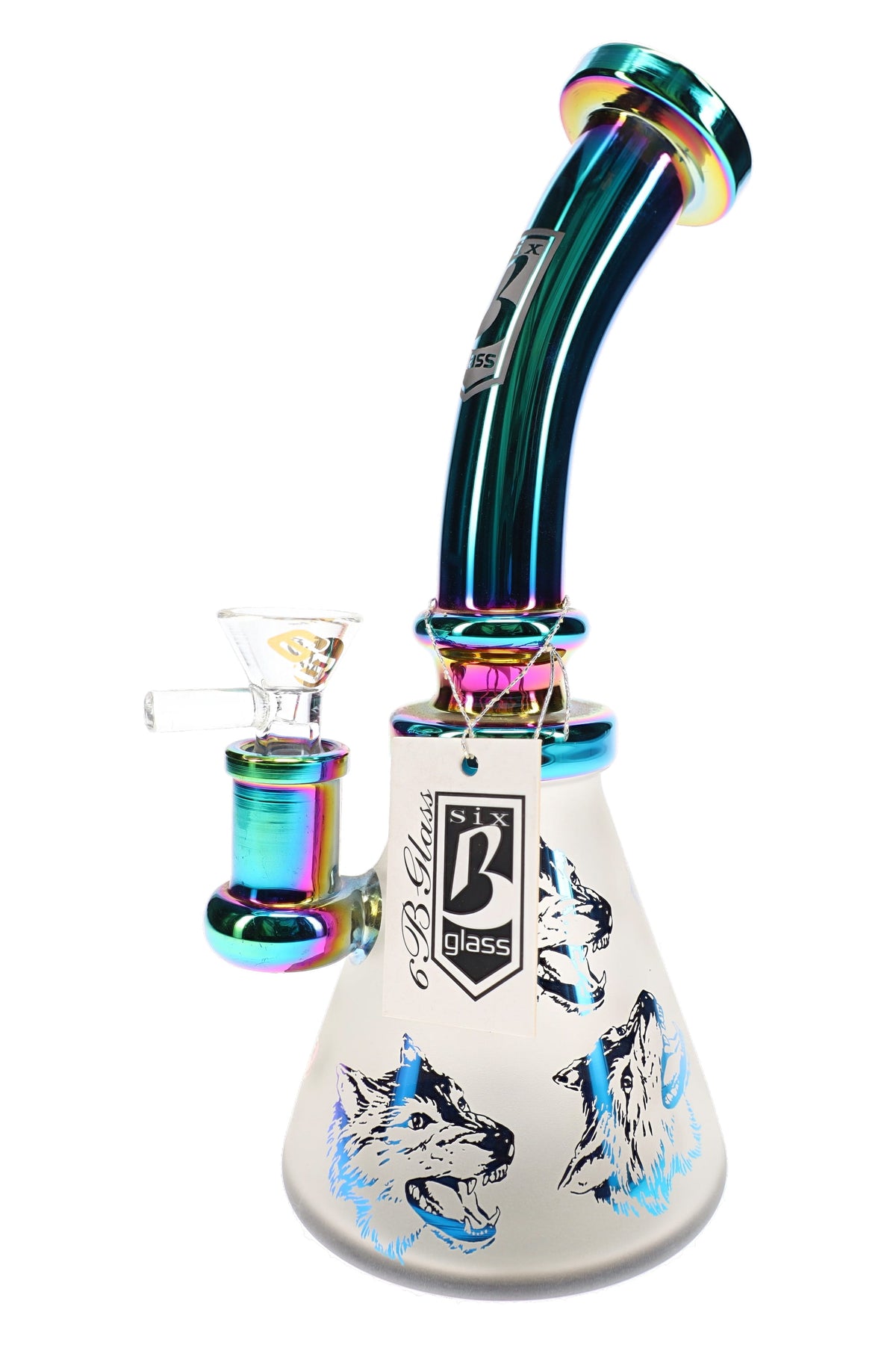 Reverse view of 6B Glass wolf beaker bong showing frosted artwork, metallic neck, glass bowl, and brand tag.
