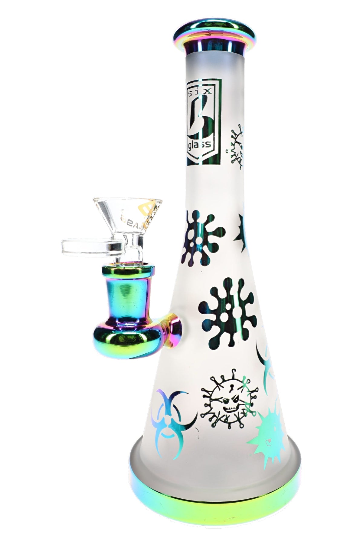Reverse view of 6B Glass biohazard bong showing metallic germ artwork, straight neck, and rainbow base trim.