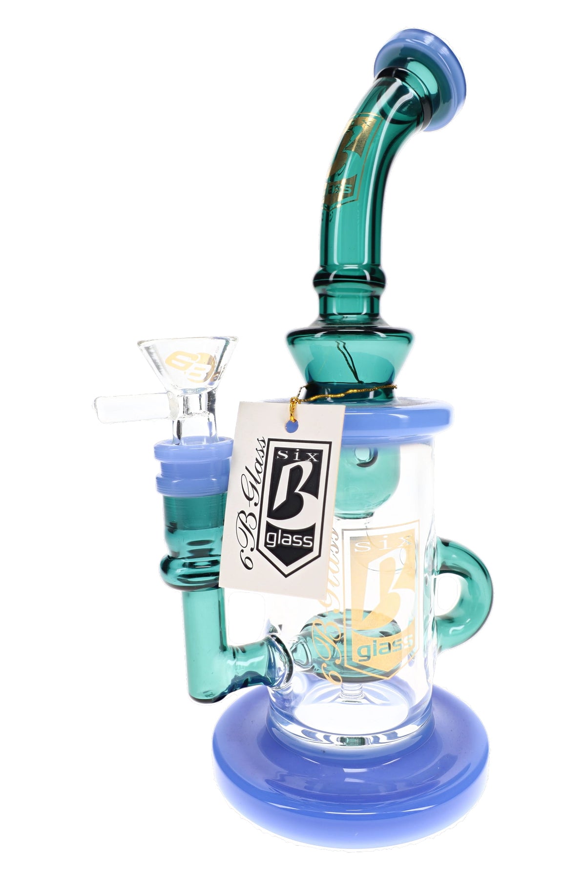 Reverse view of teal and blue 6B Glass recycler bong showing the external loop, gold branding, and glass bowl.