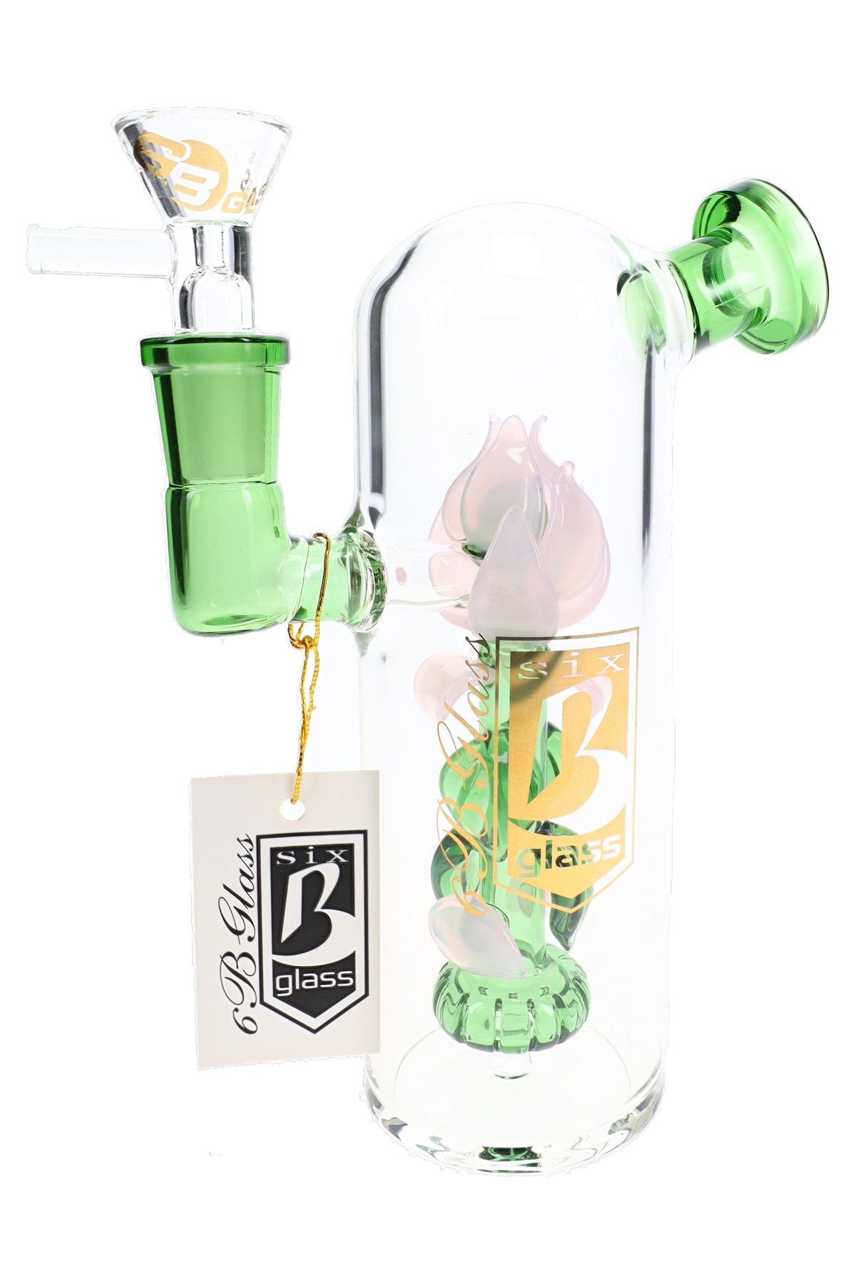 Reverse view of 6B Glass rose bong showing gold branding, green side joint, glass bowl, and sculpted flower.