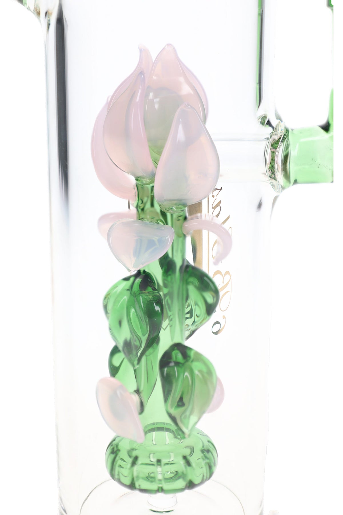 Close-up of the pink glass rose, green stem and sculpted leaves above the showerhead perc inside the clear bong.