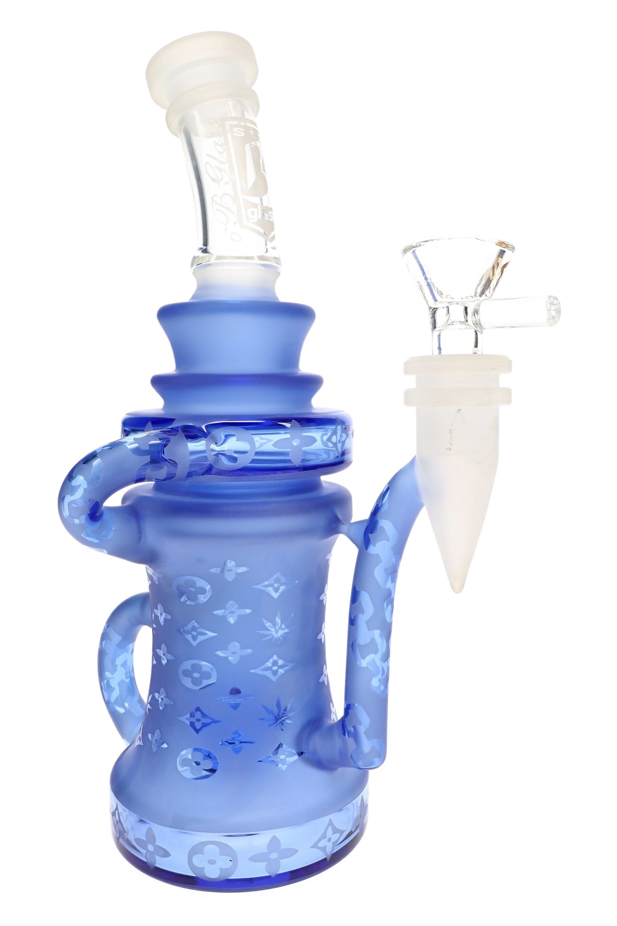 Blue 6B Glass frosted recycler bong with repeating patterns, glossy bands, curved neck, and clear glass bowl.