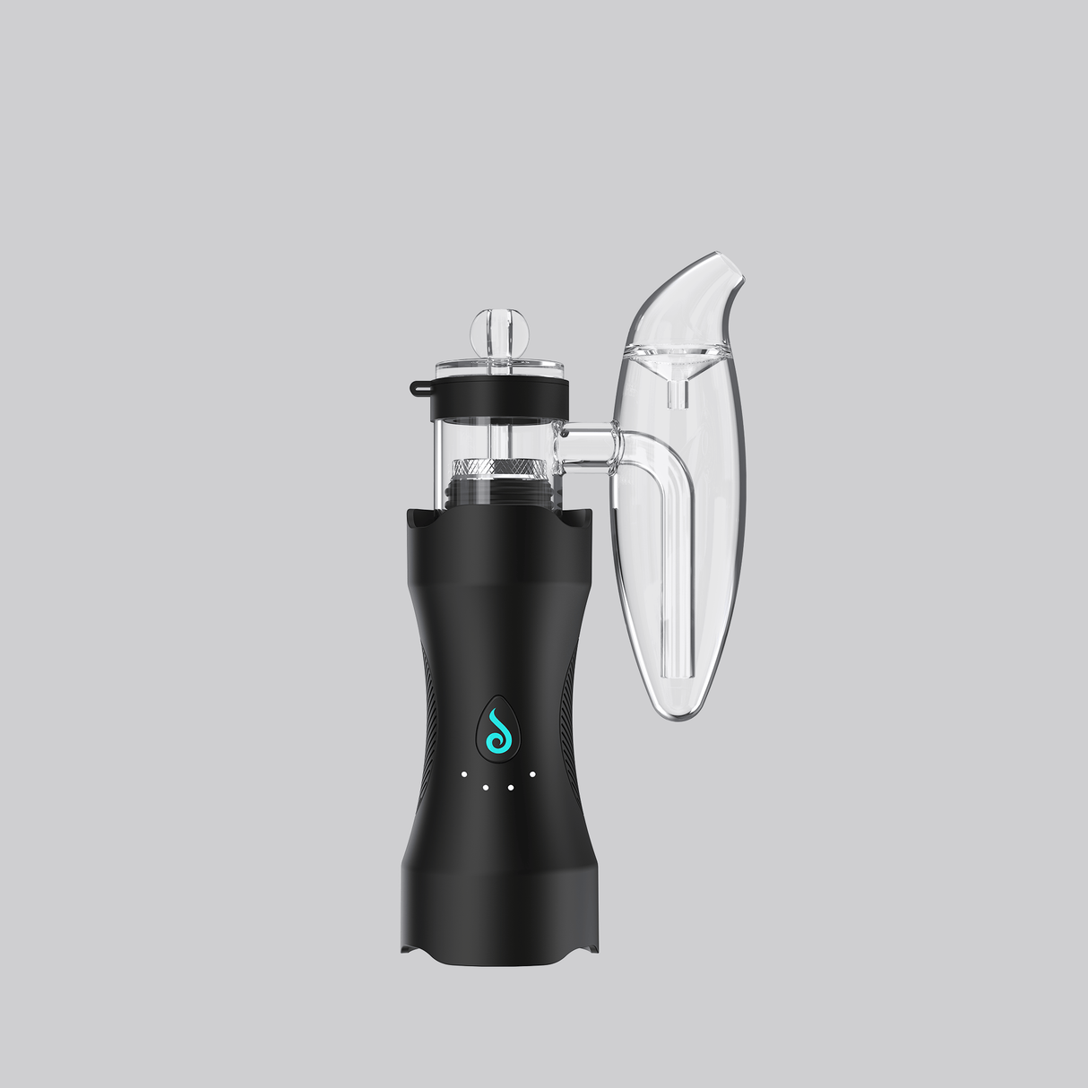 Portable Dr. Dabber XS dab rig in black with clear bubbler, teal logo accent, and compact travel-ready profile
