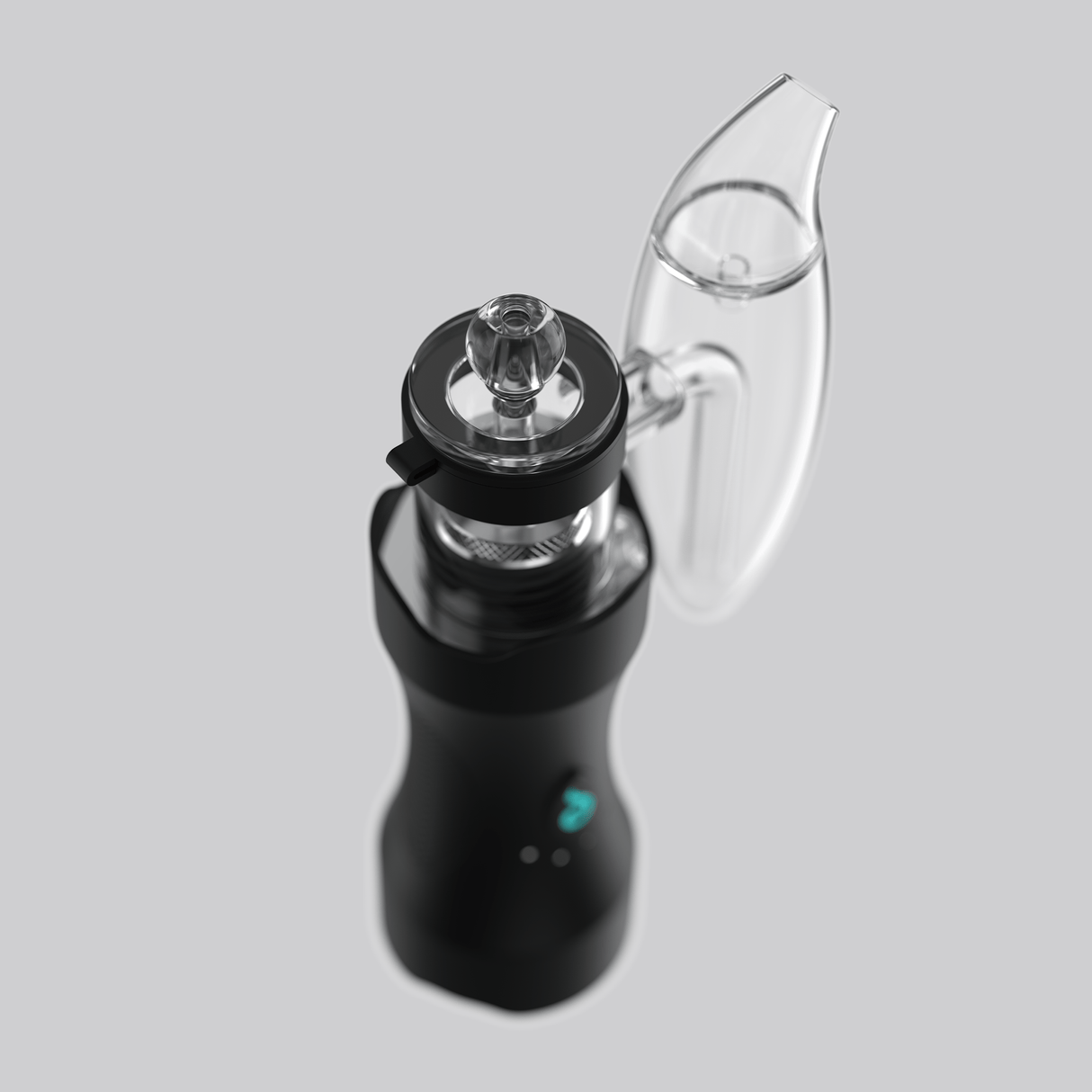 Top-angle view of Dr. Dabber XS e-rig showing clear carb cap, quartz chamber area, and curved glass attachment