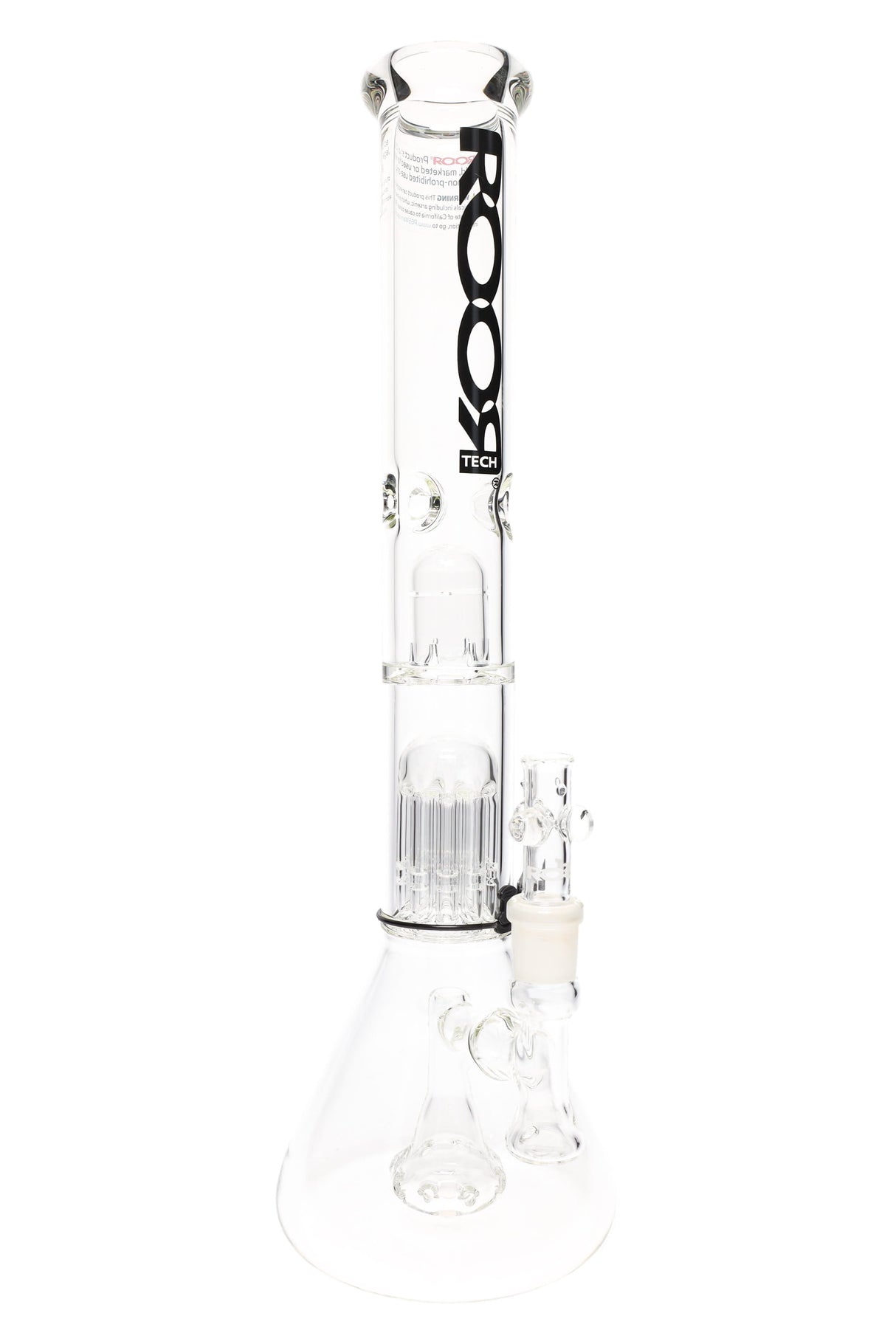 Clear ROOR Tech 18″ stemless beaker bong with dome, 10-arm tree and showerhead percs, ice pinch, 18.8 mm joint, black decal, wide beaker base.