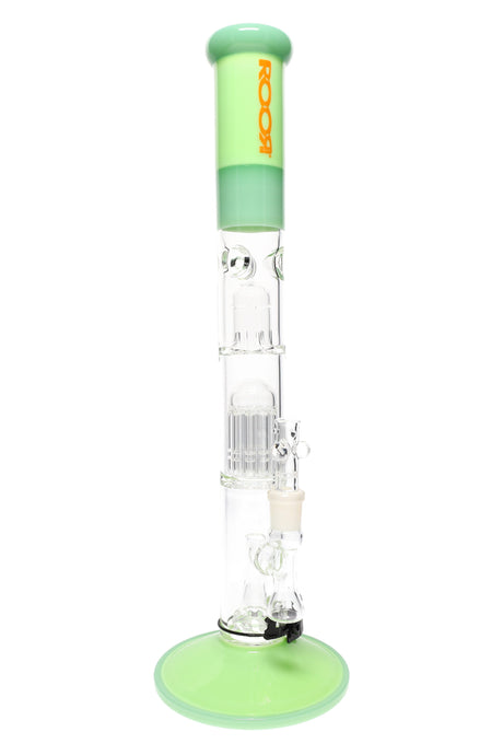 Green ROOR Tech multicolor 18″ straight tube bong showing stemless joint, dome plus 10-arm tree and showerhead percs, ice catcher, wide matching base.