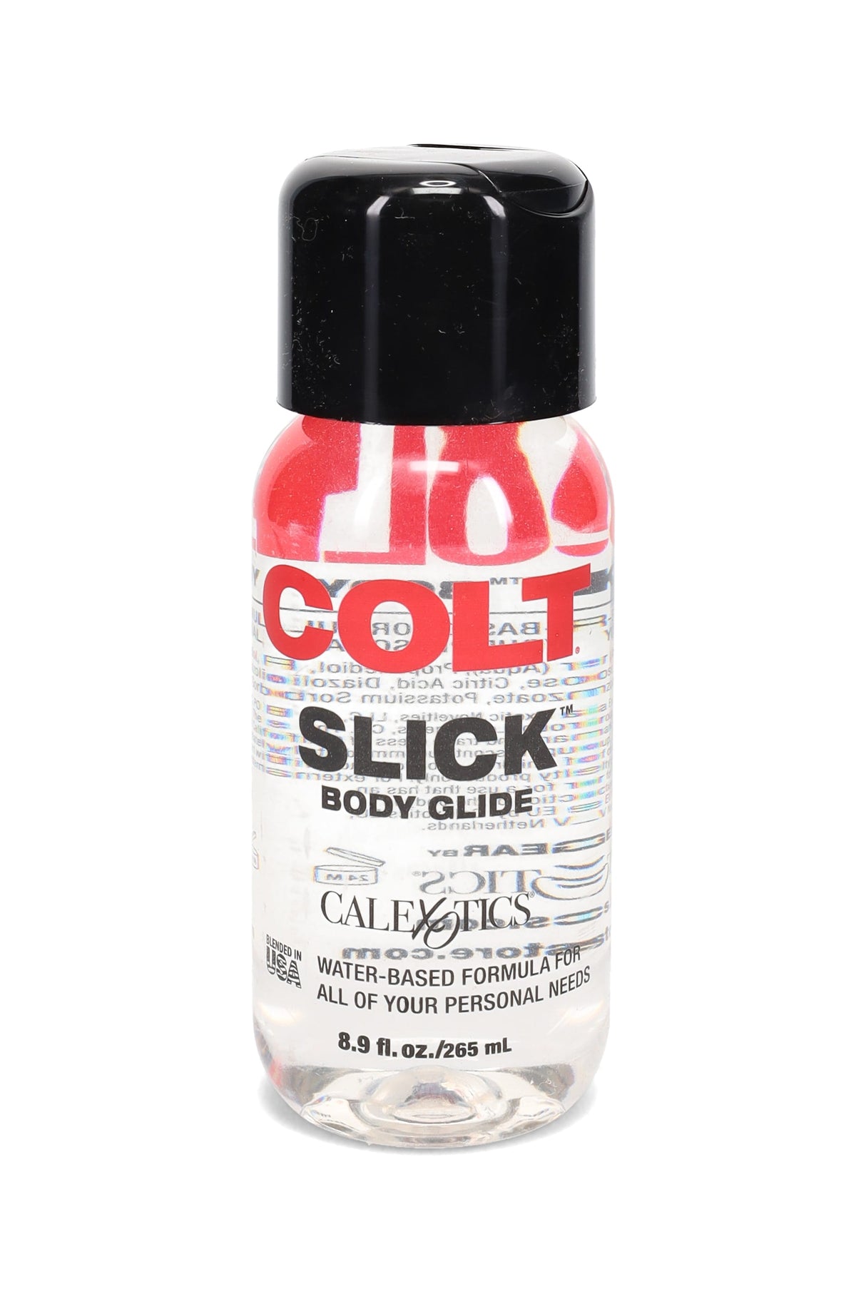 Clear 8.9-oz COLT Slick Body Glide water-based personal lubricant in a squeeze bottle with black cap, close-up retail product photo.