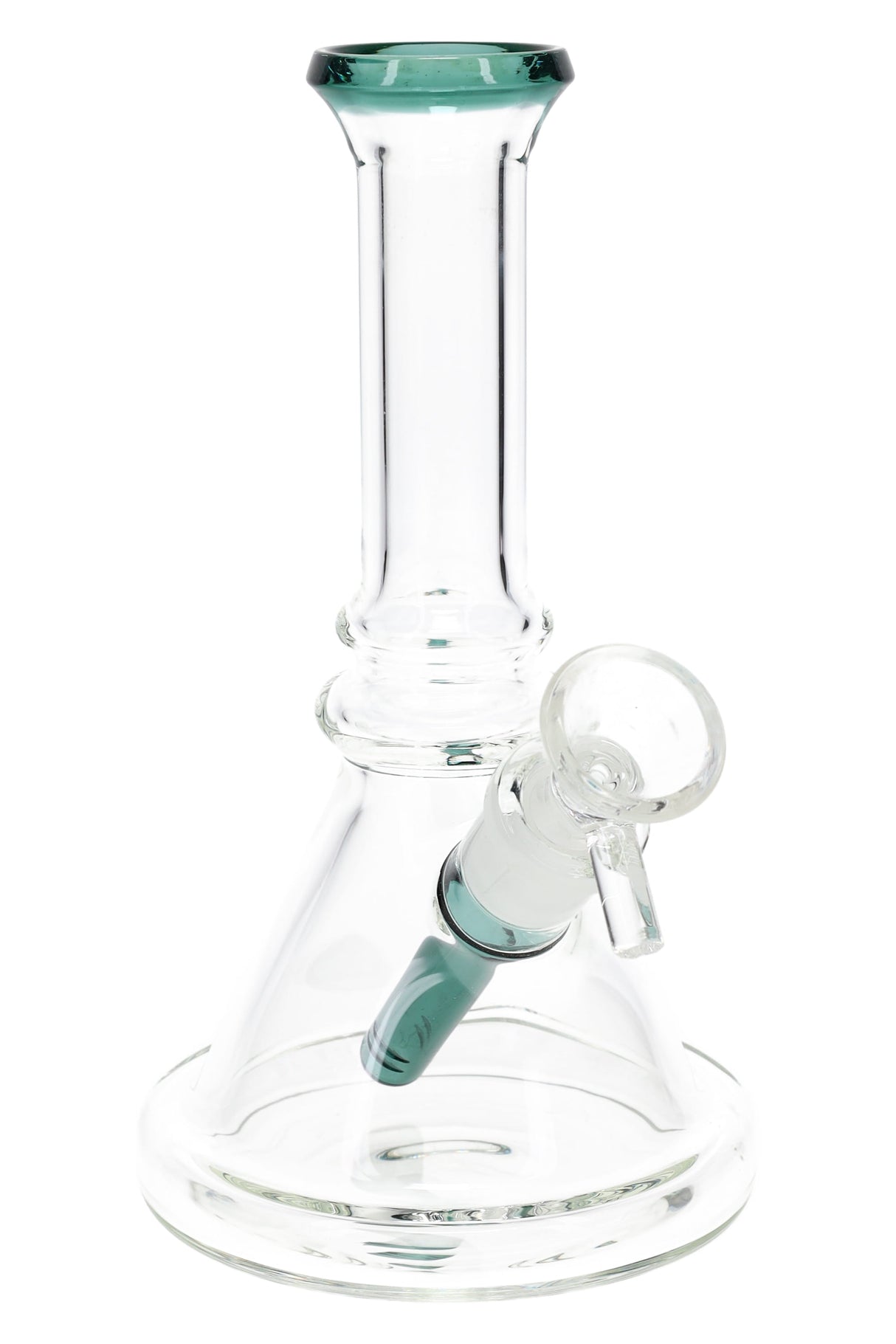 Clear 7½ inch beaker bong with green rim, diffused stem, and sturdy glass-on-glass base