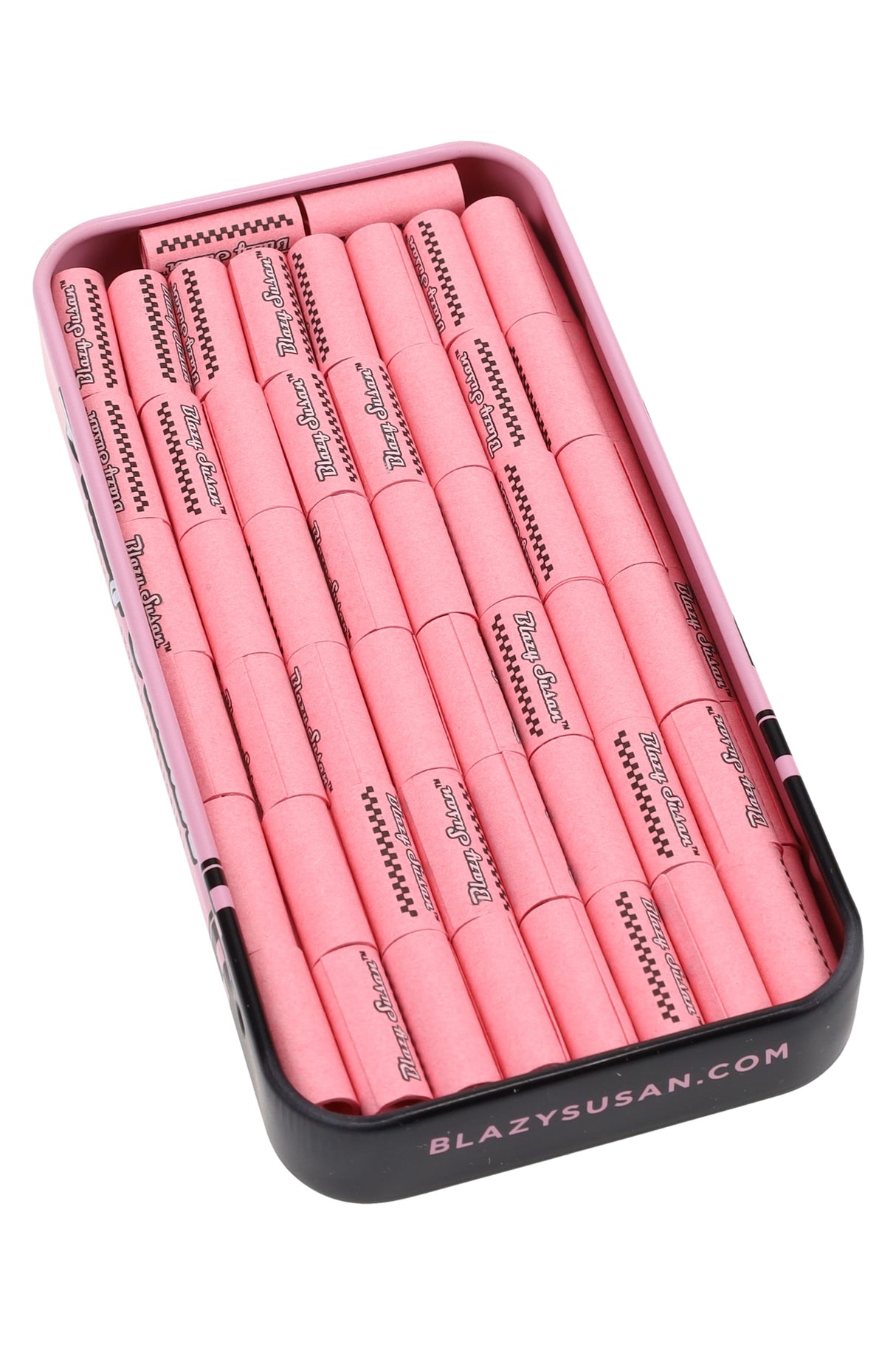 Open pink tin packed with Blazy Susan pre-rolled filter tips, neatly arranged rows of branded paper in a reusable case.