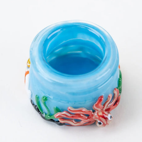 Open blue glass terp jar shot from above, highlighting wide-mouth interior and intricate coral reef details, lid removed for clarity