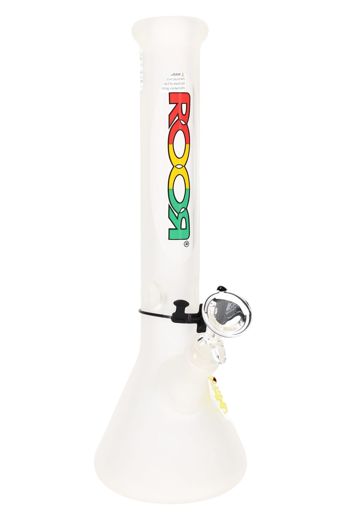 ROOR frosted 14″ glass beaker bong showing ice catcher, clear downstem, sturdy beaker foot, and rasta ROOR logo on the neck.