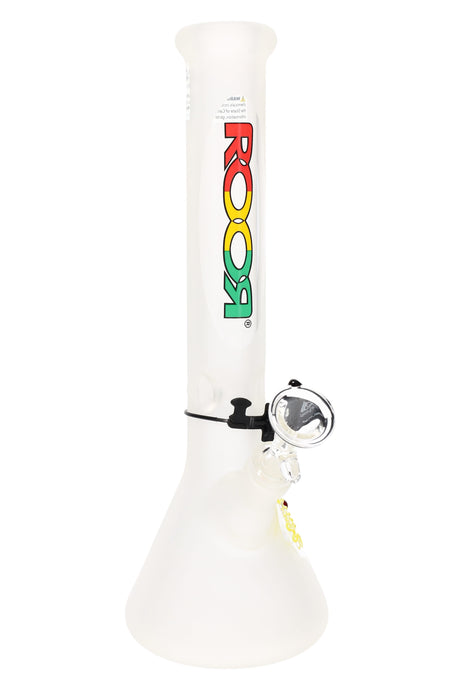 ROOR frosted 14″ glass beaker bong showing ice catcher, clear downstem, sturdy beaker foot, and rasta ROOR logo on the neck.