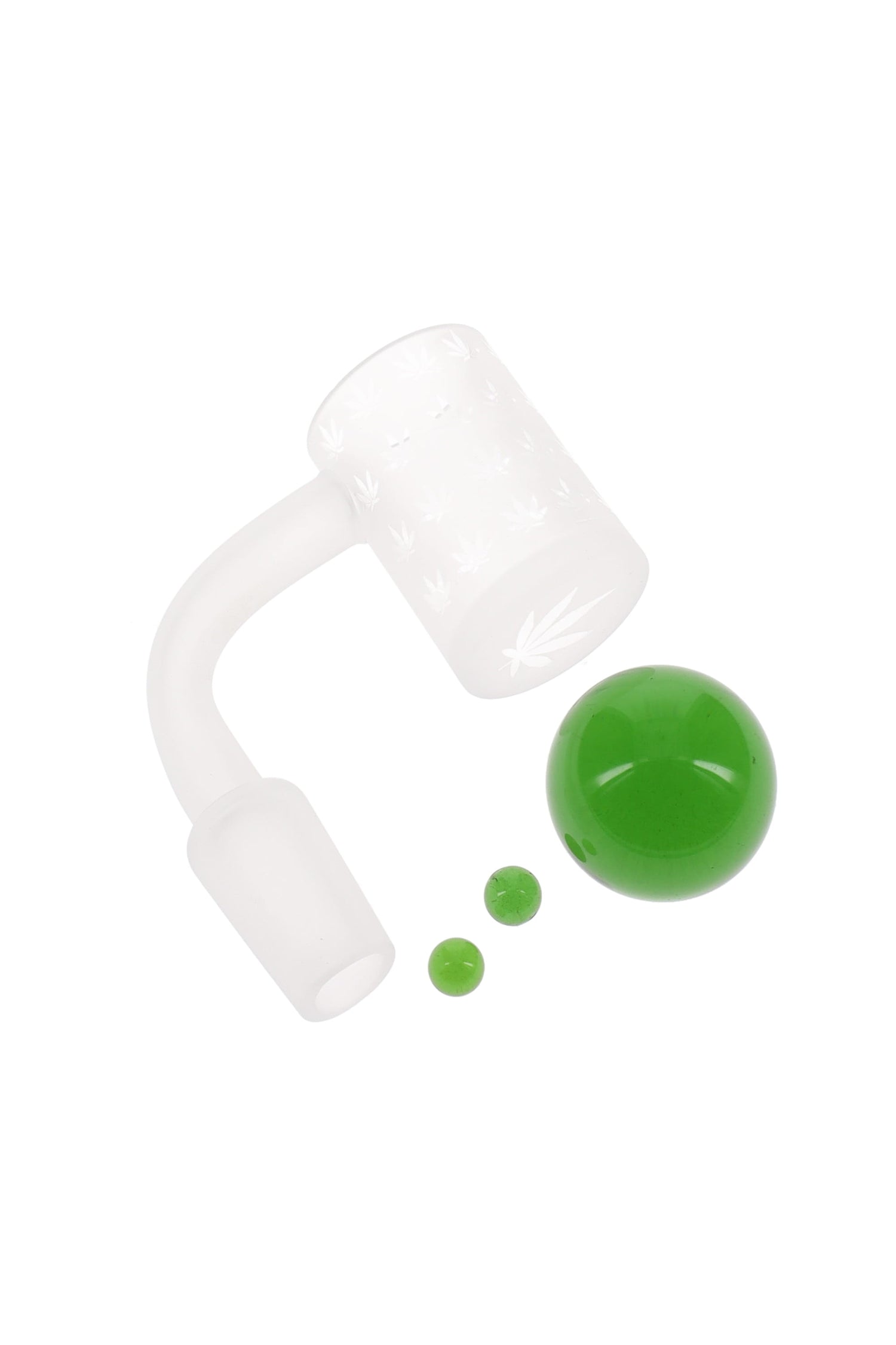 Frosted quartz flat-top banger with leaf etching and green bead set; 14.5 mm male connection, 90° neck on white backdrop.