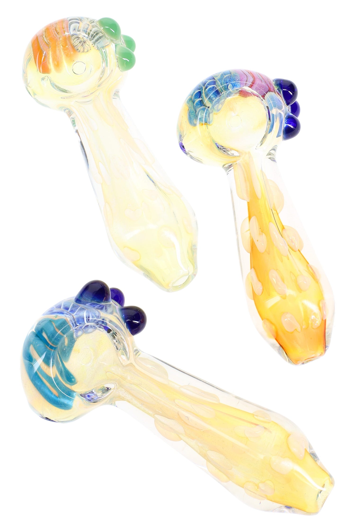 4″ fumed bubble dot glass hand pipe with multicolor striped bowl and marble grips; assorted colors, sold individually.