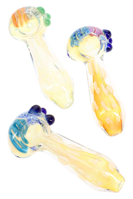 4″ fumed bubble dot glass hand pipe with multicolor striped bowl and marble grips; assorted colors, sold individually.