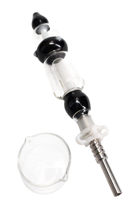 Black-accent colored glass dab straw kit showing stainless tip, 14.5 mm joint with keck clip, and matching glass tray; 9½-inch length.