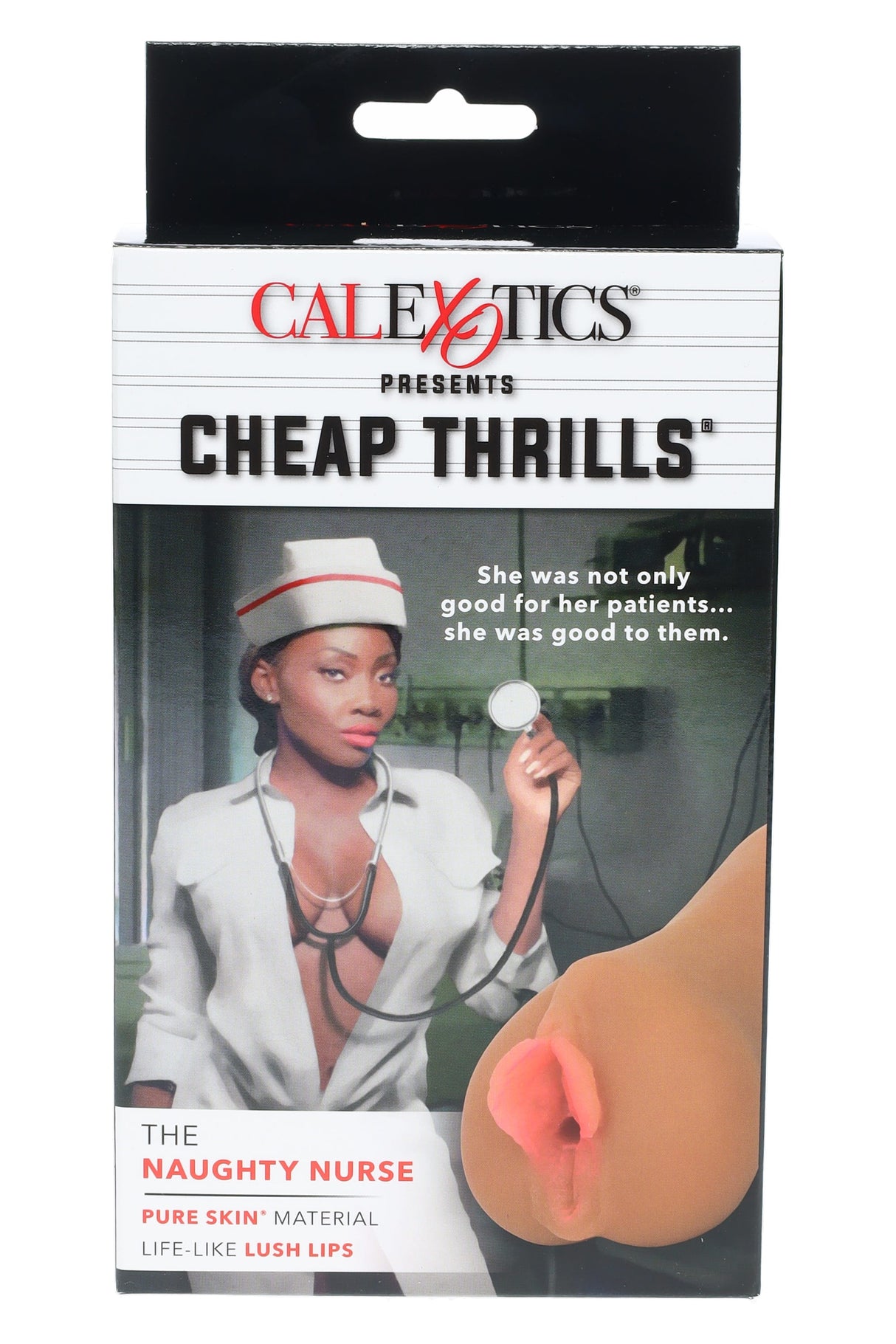 Cheap Thrills “The Naughty Nurse” stroker sleeve box front with nurse artwork and lifelike lips opening image