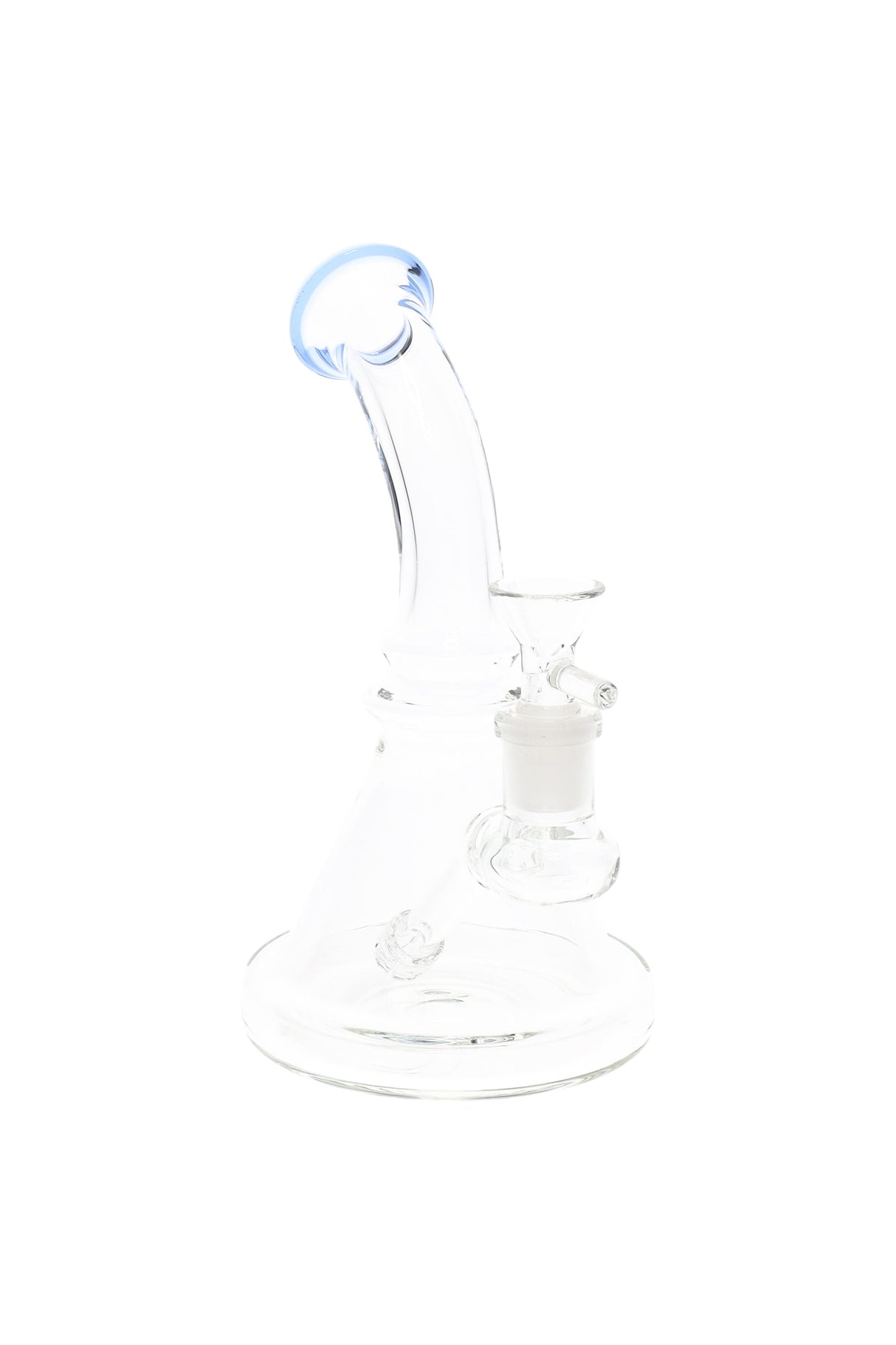 Blue-rim clear stemless beaker bong with visible matrix stem, curved neck, and 14.5 mm female joint