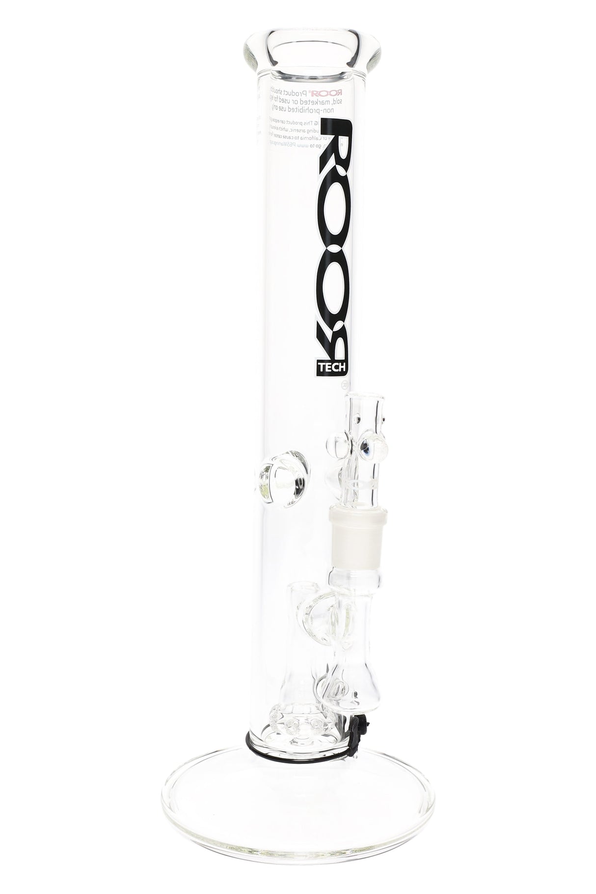 ROOR Tech 14-inch straight tube bong, clear 5 mm glass with showerhead perc and side ice-pinch grips, black decal.