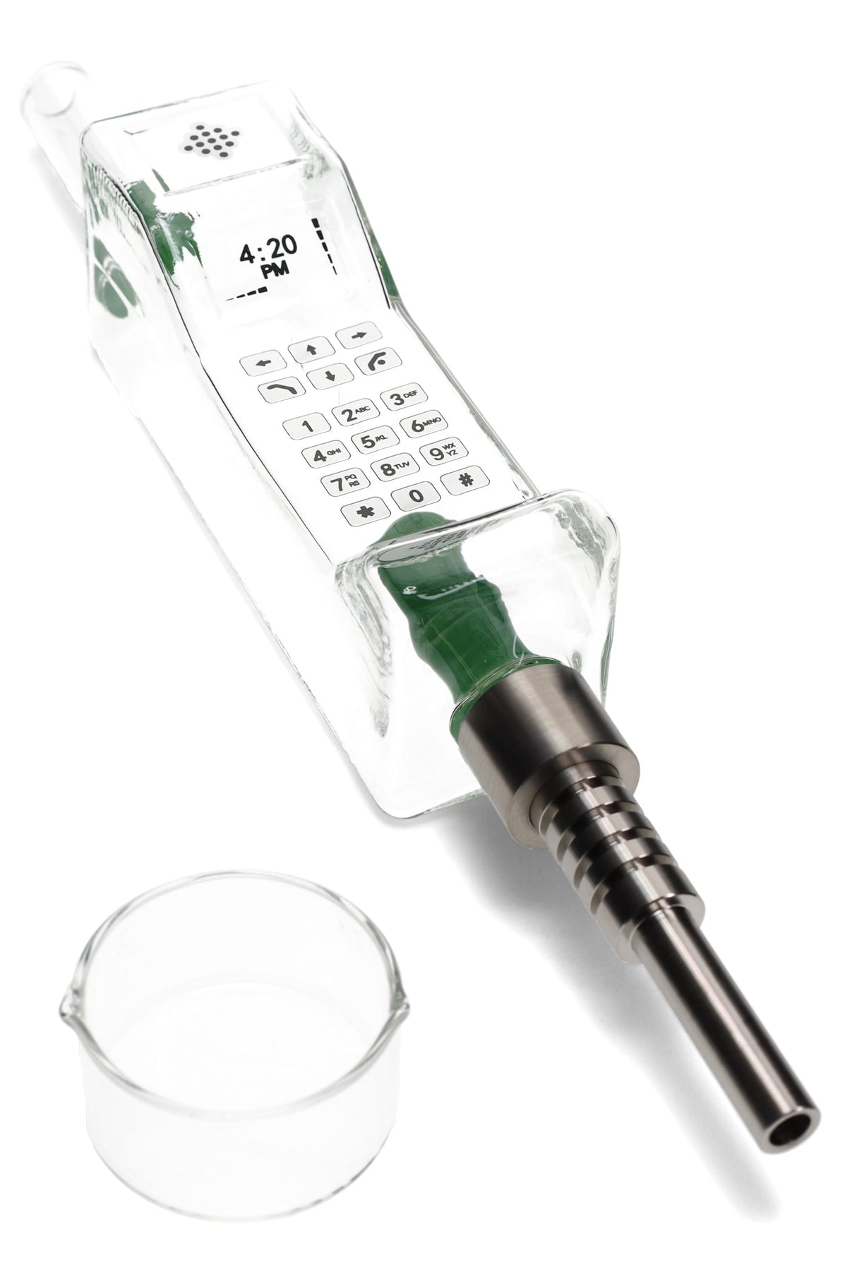 Clear phone dab straw kit angled view with green joint detail, attached metal tip, and separate quartz dish for concentrates.