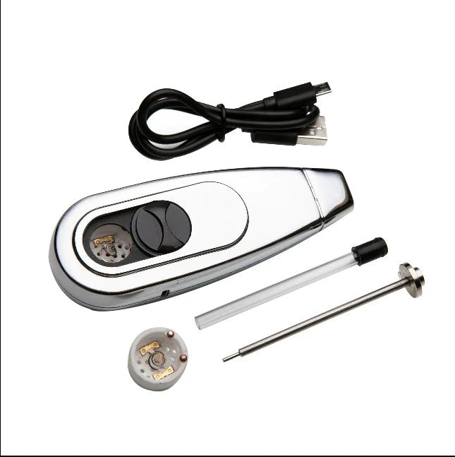 Solopipe Elektra kit laid out with USB cable, glass mouthpiece tube, loading tool, and spare ceramic heater cup, silver finish.