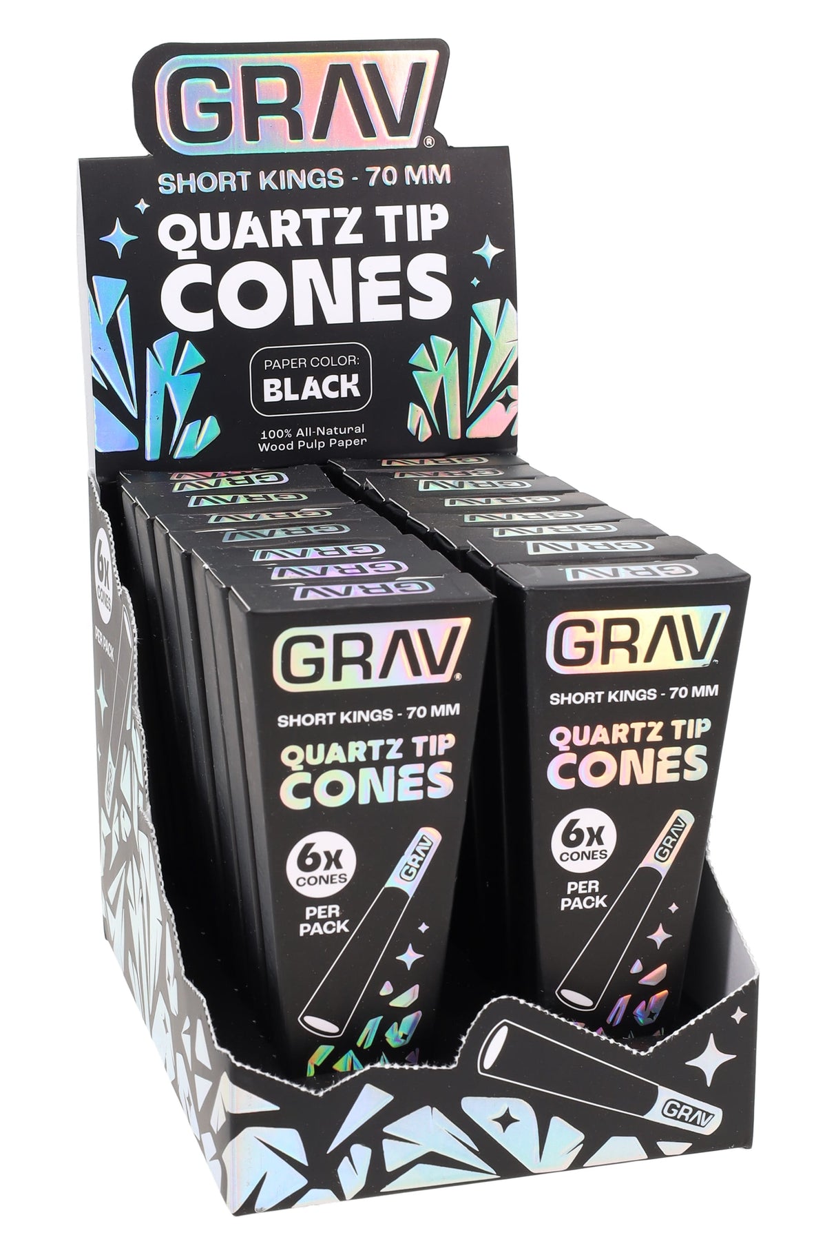 Alternate angle of black-paper GRAV Short Kings quartz tip cones 16-count display with iridescent branding.