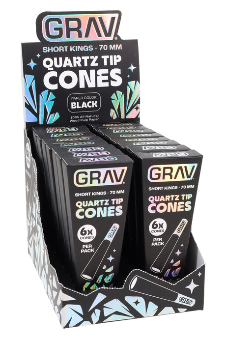 Alternate angle of black-paper GRAV Short Kings quartz tip cones 16-count display with iridescent branding.