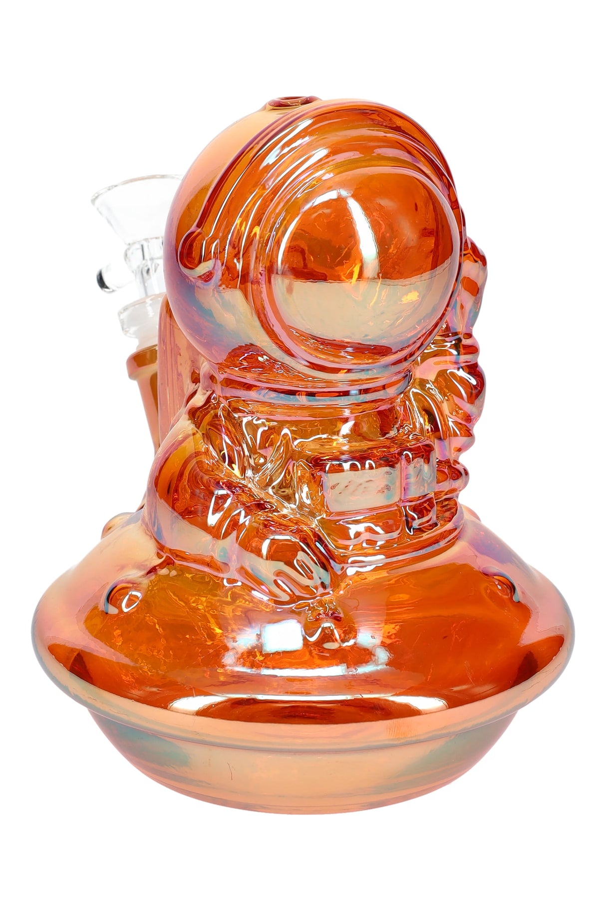 Iridescent orange astronaut UFO glass mini bong with rounded saucer base and GoG joint, 6″ height.