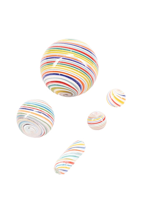 Rainbow–swirl quartz terp marble set with five pieces—large carb cap, valve marble, two pearls, and pill—floating on white background, bright stripes visible.