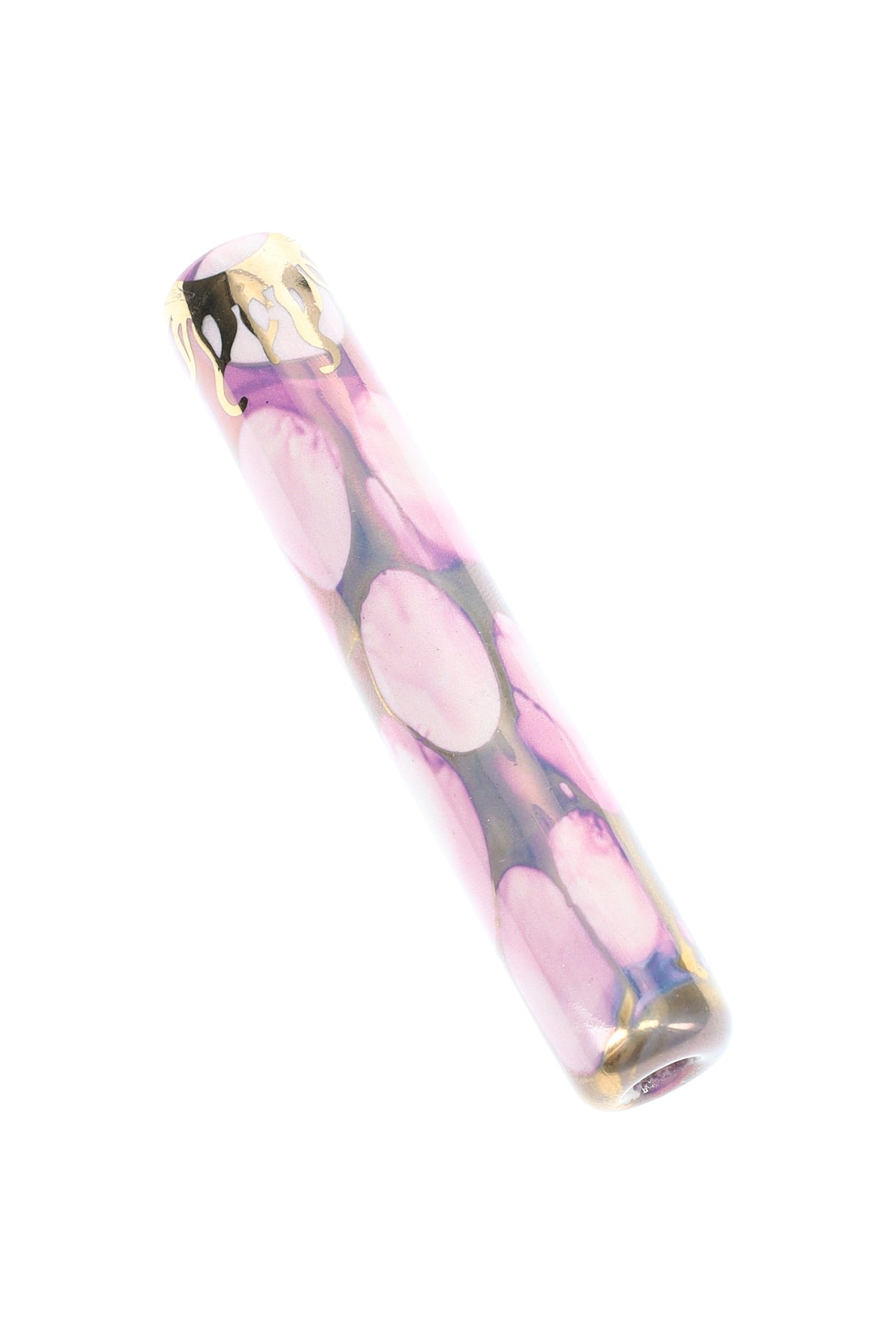 Pink-lavender ceramic one-hitter showing soft marbled glaze and gold detail, compact micro pipe.