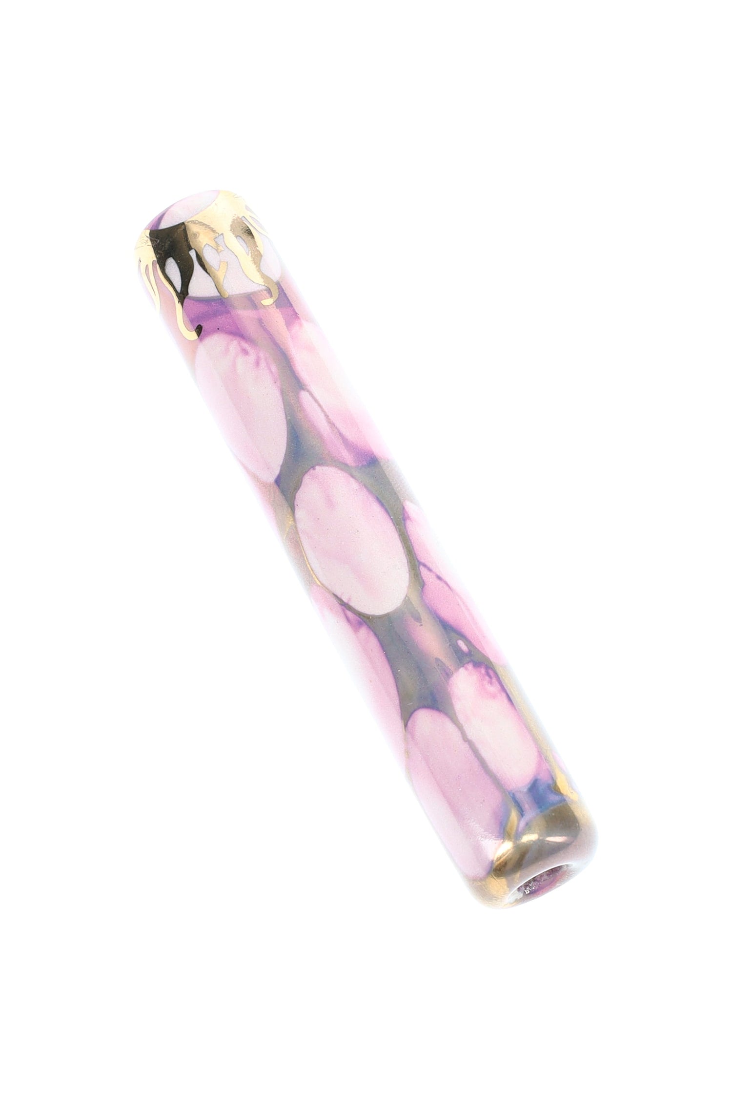 Pink-lavender ceramic one-hitter showing soft marbled glaze and gold detail, compact micro pipe.