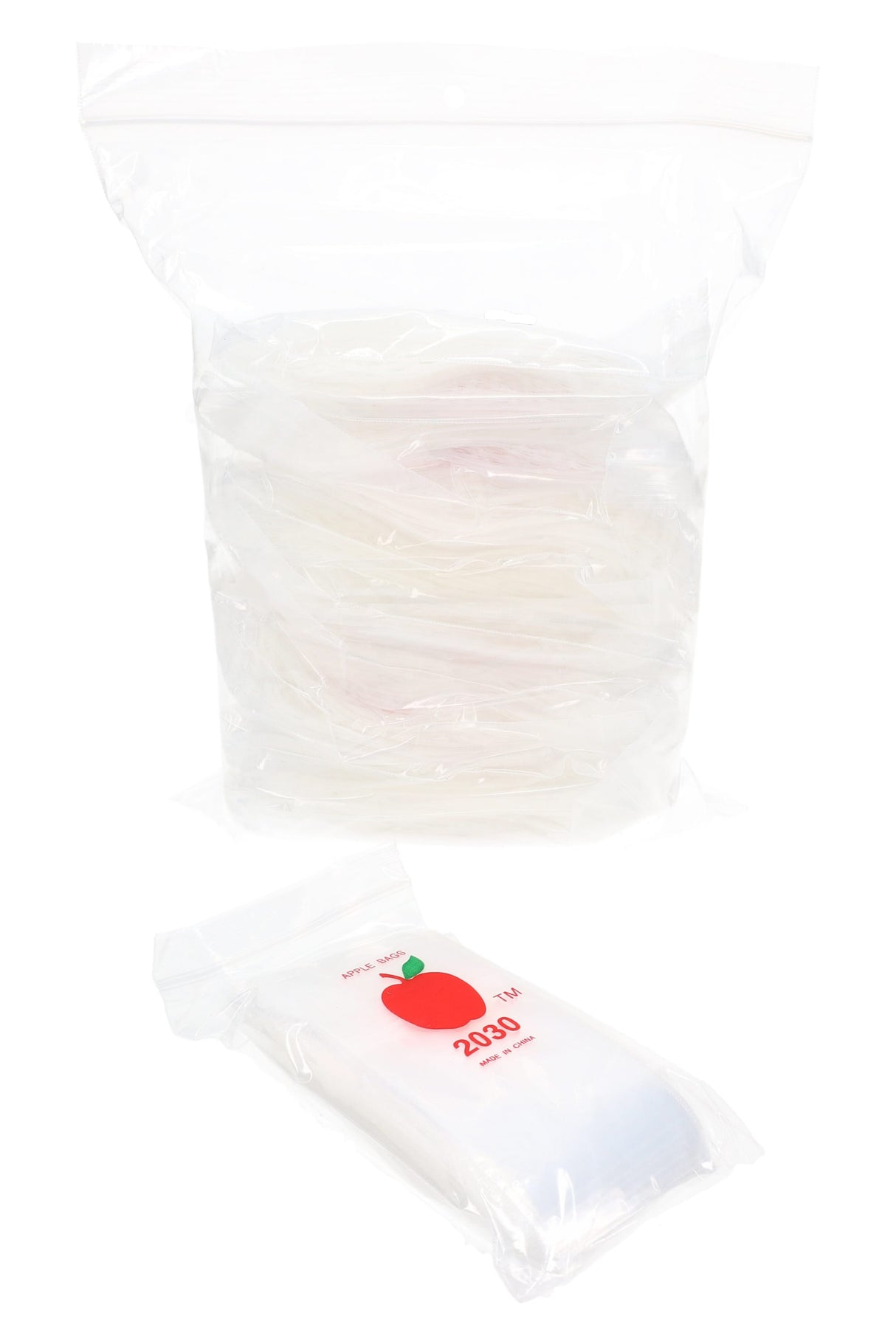 Shrink-wrapped 1000-pack of Apple Bags clear 2×3-inch mini zip baggies neatly coiled inside a large outer pouch on white backdrop