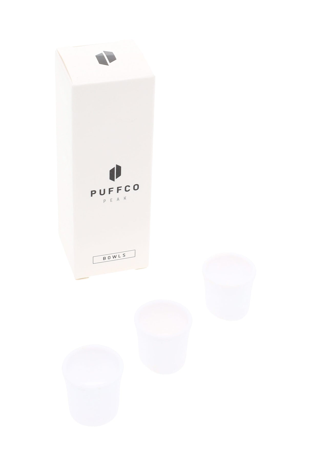 Puffco Peak ceramic bowls three-pack shown with white retail box, replacement crucibles for the original Peak concentrate rig.