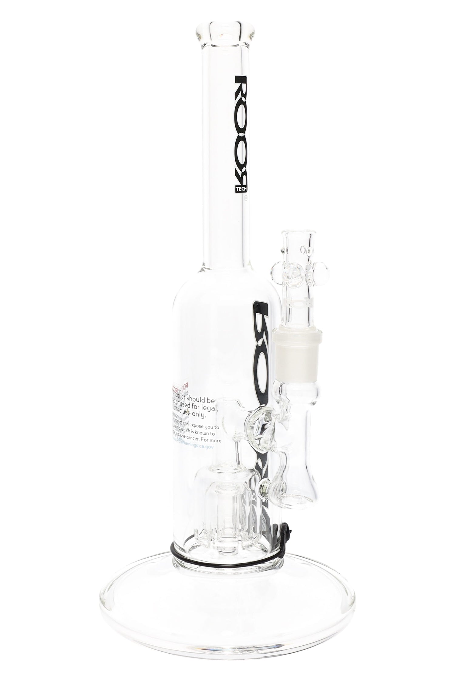 ROOR Tech 12″ clear stemless straight tube bong showing barrel percolator, 18.8 mm joint and compact footprint with black logo on the neck.