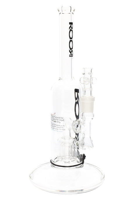 ROOR Tech 12″ clear stemless straight tube bong showing barrel percolator, 18.8 mm joint and compact footprint with black logo on the neck.