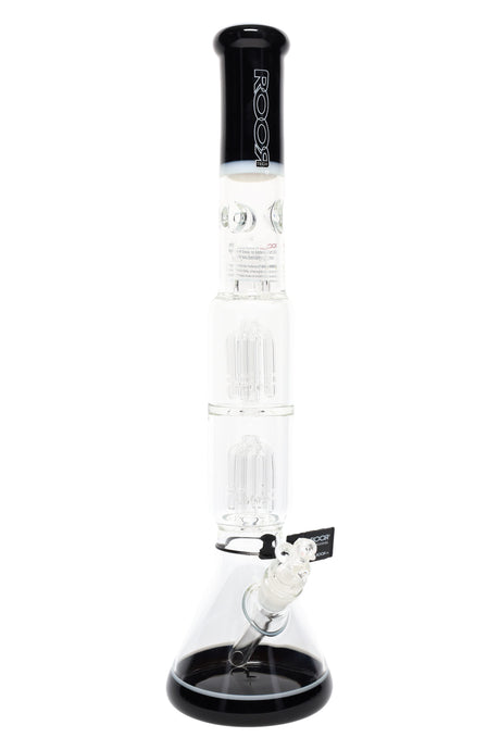 Black-accent ROOR Tech 17-inch beaker bong with double tree percs, glass-on-glass downstem and bowl.