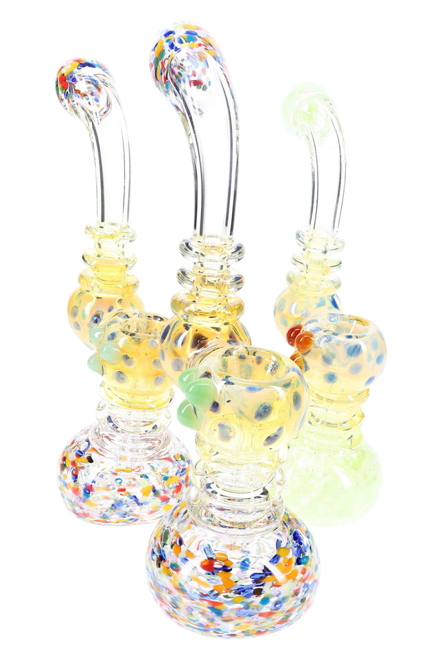 8.5-inch clear glass Sherlock bubbler with multicolor frit base, color-changing dotted bowl, and ringed neck; assorted color accents, sold individually.