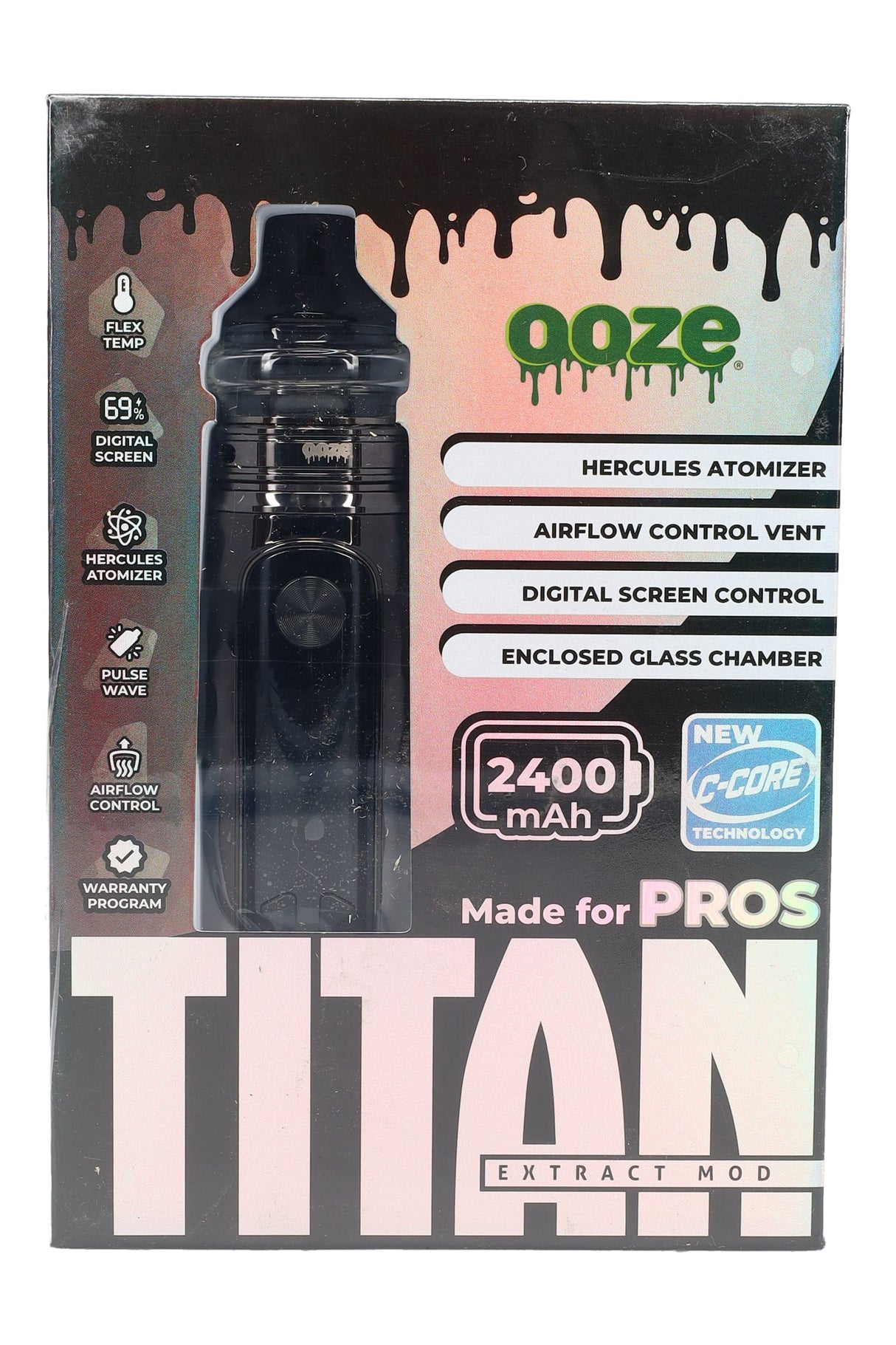 Black Ooze Titan kit packaging with device window and callouts for Hercules atomizer, airflow vent, and digital screen control.
