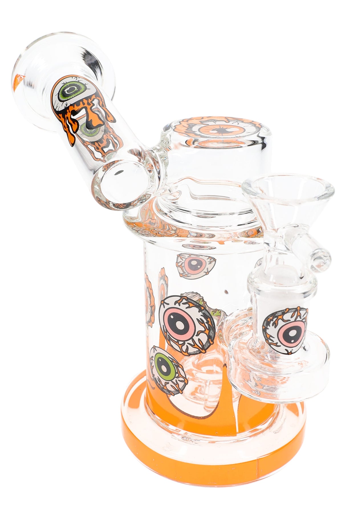 Orange-accent eyeball sidecar bong featuring 14.5 mm GoG joint and bold eyeball decals on the chamber, 5.5″ height.
