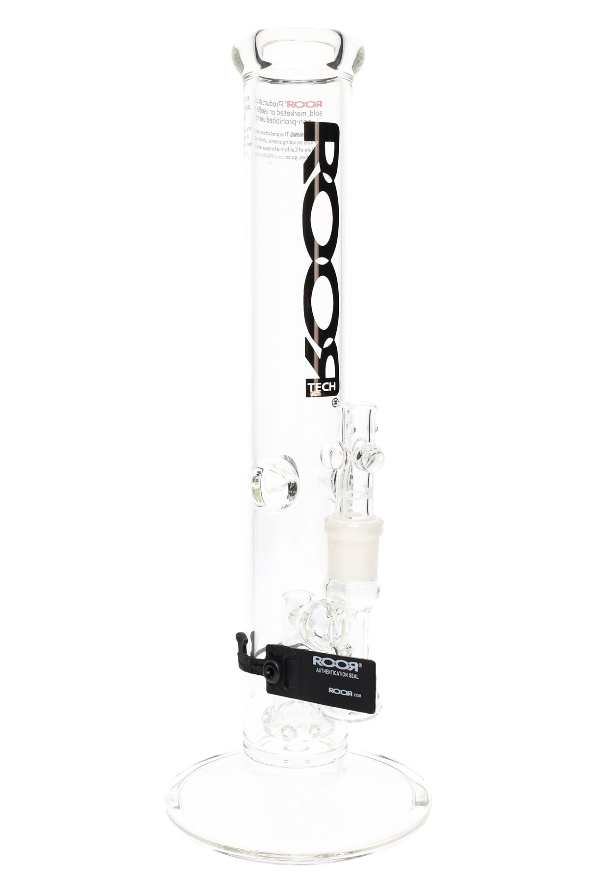 ROOR Tech 14-inch straight tube bong, clear glass with showerhead perc and glass-on-glass joint, assorted ROOR Tech decals.