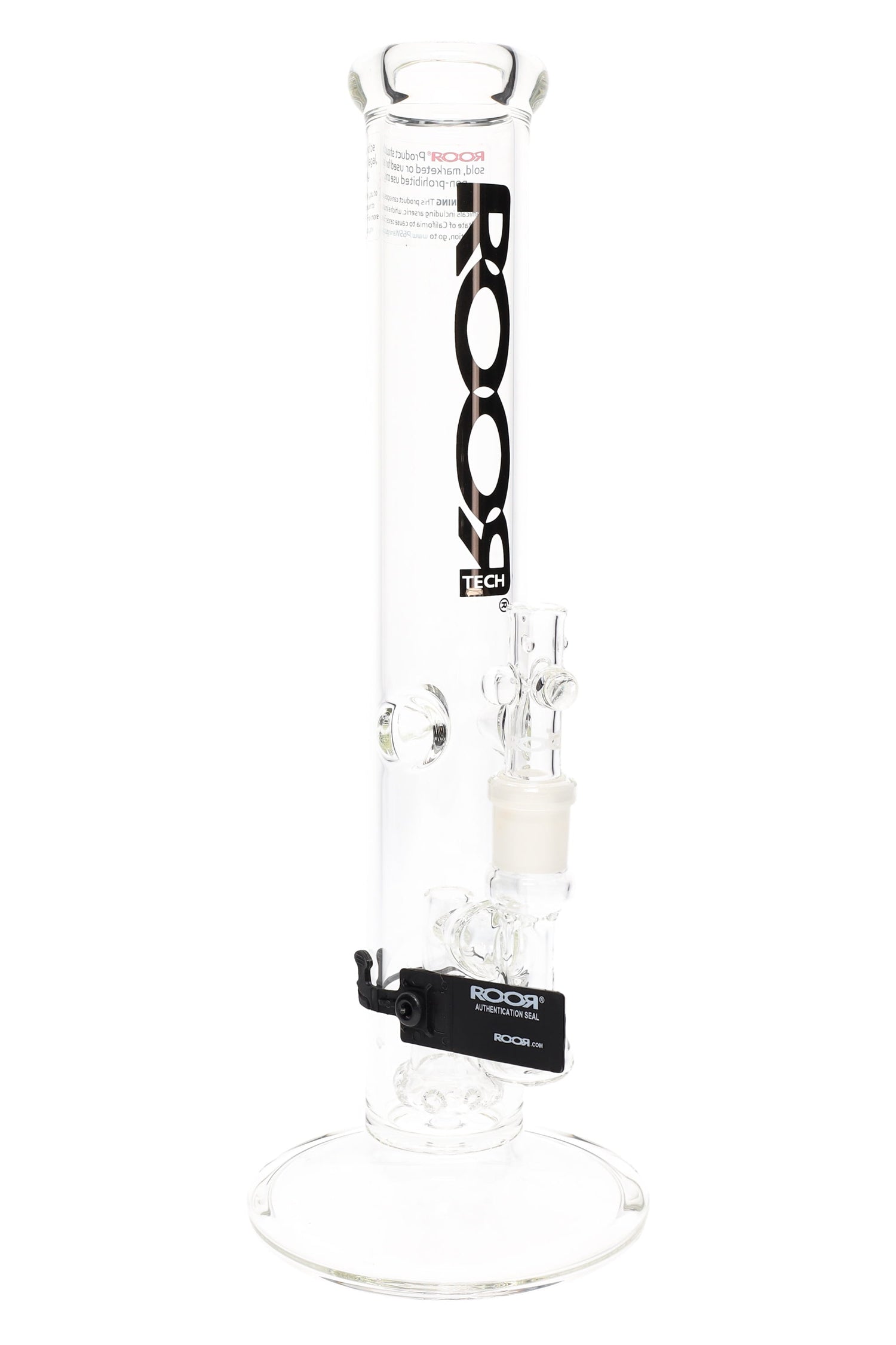 ROOR Tech 14-inch straight tube bong, clear glass with showerhead perc and glass-on-glass joint, assorted ROOR Tech decals.