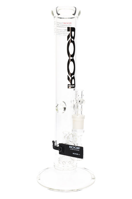 ROOR Tech 14-inch straight tube bong, clear glass with showerhead perc and glass-on-glass joint, assorted ROOR Tech decals.